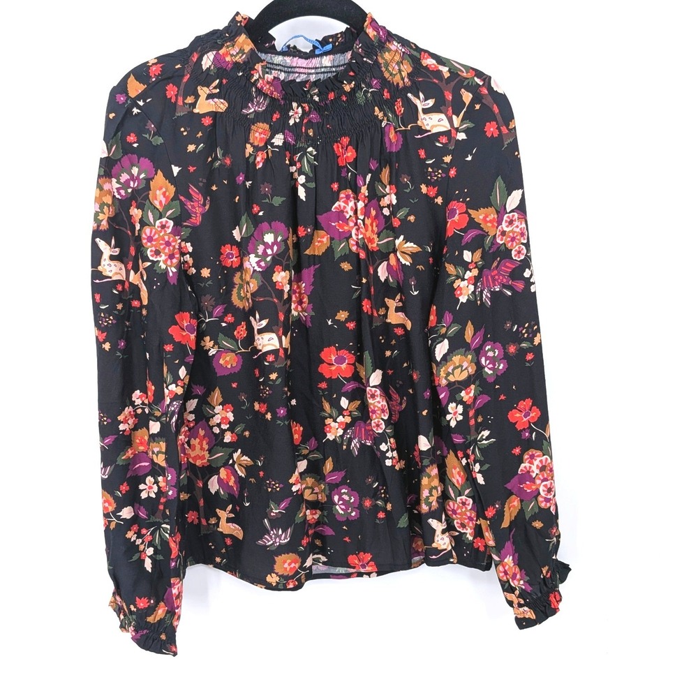 J McLaughlin Blouse Women Small Black Floral Deer Silk Blend Smocked Mock Neck